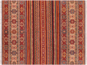 handmade Geometric Khorgeen Red Beige Hand Knotted RECTANGLE 100% WOOL area rug 7x10
